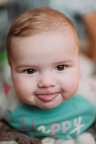 Little cute baby toddler on carpet close up smiling adorable happy emotional playing at home — Stock Photo, Image