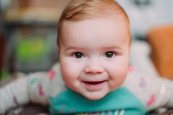 Little cute baby toddler on carpet close up smiling adorable happy emotional playing at home — Stock Photo, Image