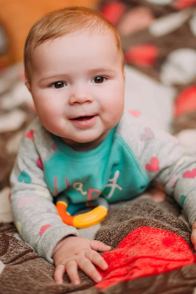 Little cute baby toddler on carpet close up smiling adorable happy emotional playing at home — Stock Photo, Image