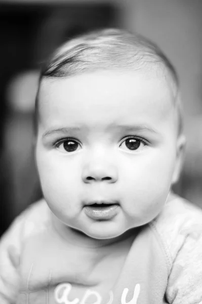 Baby boy at home. close up portrait .black and white — Stock Photo, Image