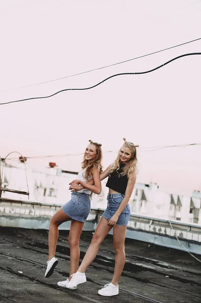 Estilo de vida e conceito de pessoas: Retrato de moda de duas meninas elegantes melhores amigos vestindo saias de jeans, ao ar livre no telhado. Feliz verão para se divertir. Conceito dos anos 90. Foto retocada — Fotografia de Stock