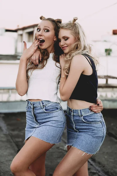 Стиль жизни и концепция людей: Модный портрет двух стильных девушек лучших друзей в джинсах юбки, на крыше. Счастливого лета для веселья. Концепция 90-х. Ретушированная фотография — стоковое фото