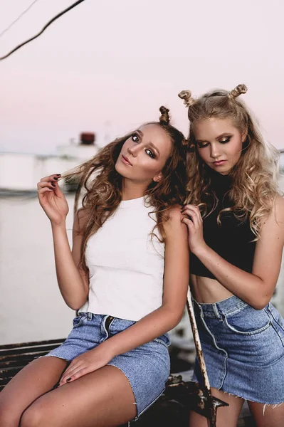 Style de vie et concept de personnes : Portrait de mode de deux filles élégantes meilleurs amis portant des jupes en jeans, à l'extérieur sur le toit. Joyeux été pour s'amuser. Concept des années 90. Photo retravaillée — Photo