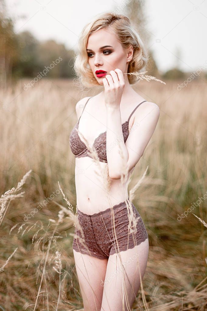 Beautiful and elegant smiling sexy blonde woman with red lips and hair waves wearing beige liingerie posing on the field outdoors summer, retro vintage style and fashion. Retouched fine art toning sho