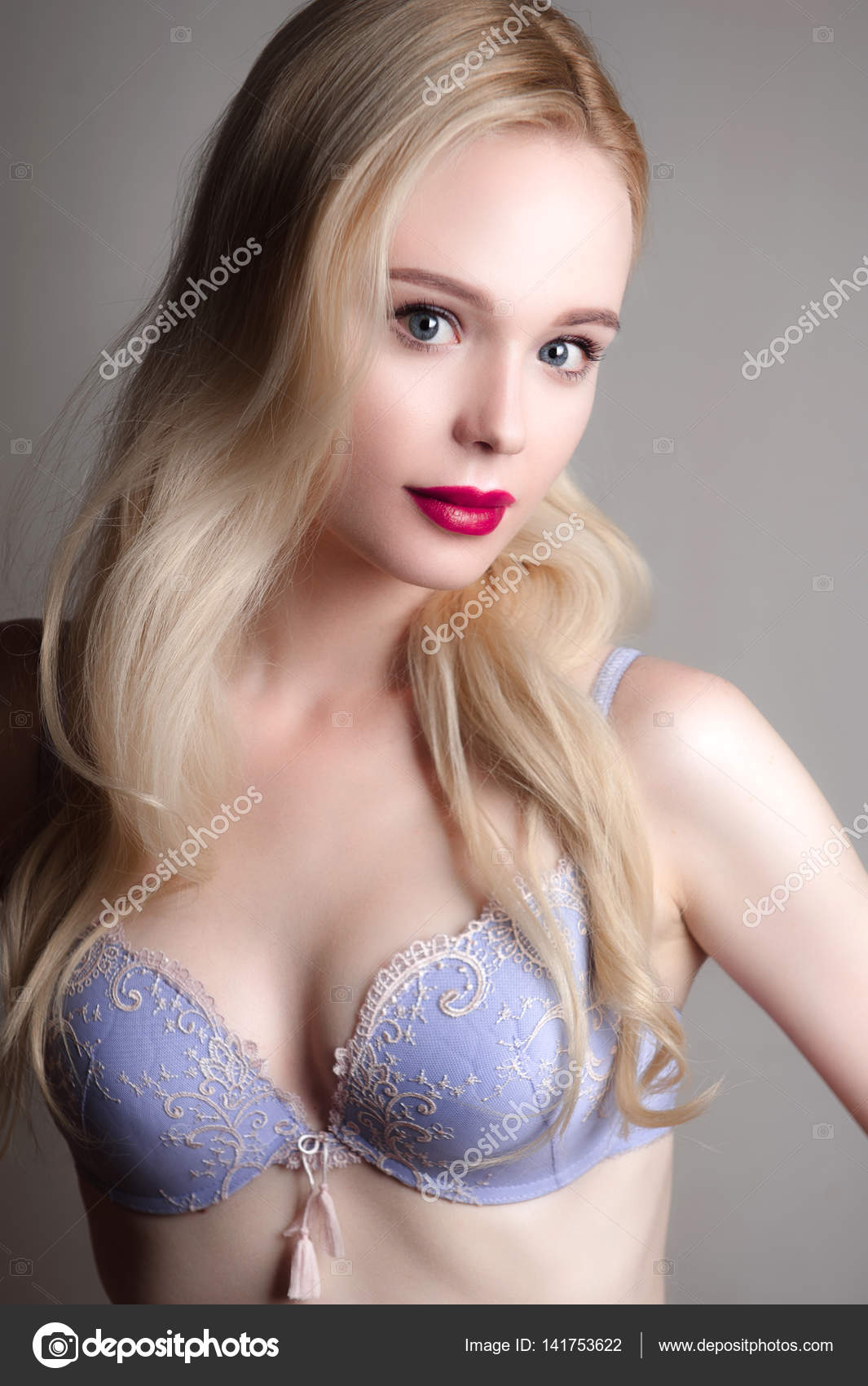 Beauty Model Girl With Perfect Make Up Red Lips And Blue