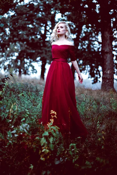 Mode hinreißende junge blonde Frau in schönen roten Kleid in einem Märchenwald. Magische Atmosphäre. retuschierte Tonung Schuss — Stockfoto