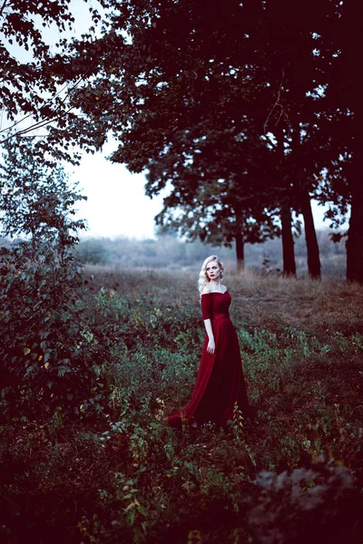 Moda linda jovem loira em belo vestido vermelho em uma floresta de conto de fadas. atmosfera mágica. Tonificação retocada tiro — Fotografia de Stock