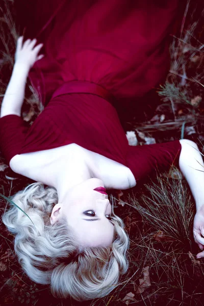 Mode hinreißende junge blonde Frau in schönen roten Kleid in einem Märchenwald. Magische Atmosphäre. retuschierte Tonung Schuss — Stockfoto