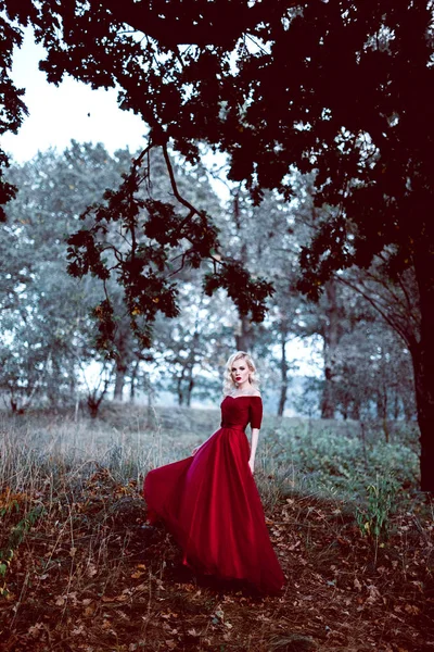 Модная красивая молодая блондинка в красивом красном платье в сказочном лесу. волшебная атмосфера. Ретушированный тонизирующий кадр — стоковое фото