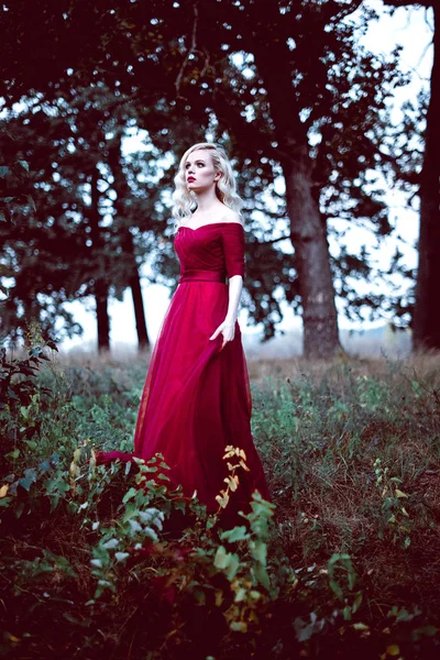 Moda linda jovem loira em belo vestido vermelho em uma floresta de conto de fadas. atmosfera mágica. Tonificação retocada tiro — Fotografia de Stock