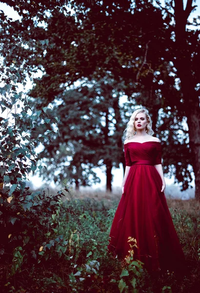 Moda linda jovem loira em belo vestido vermelho em uma floresta de conto de fadas. atmosfera mágica. Tonificação retocada tiro — Fotografia de Stock