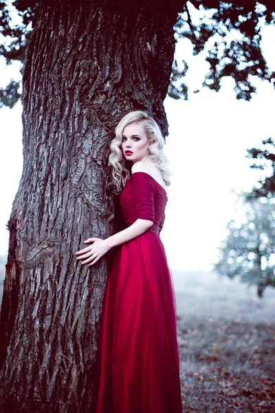 Μόδα πανέμορφη νεαρή ξανθιά γυναίκα στο όμορφο κόκκινο φόρεμα σε ένα παραμυθένιο δάσος. μαγική ατμόσφαιρα. Retouched τόνωση βολή — Φωτογραφία Αρχείου