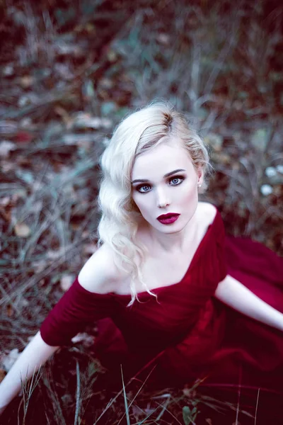 Mode hinreißende junge blonde Frau in schönen roten Kleid in einem Märchenwald. Magische Atmosphäre. retuschierte Tonung Schuss — Stockfoto