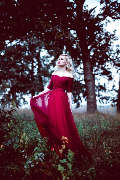 Moda linda jovem loira em belo vestido vermelho em uma floresta de conto de fadas. atmosfera mágica. Tonificação retocada tiro — Fotografia de Stock