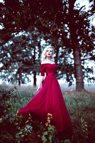 Moda hermosa mujer rubia joven en hermoso vestido rojo en un bosque de cuento de hadas. atmósfera mágica. Disparo de tonificación retocado —  Fotos de Stock