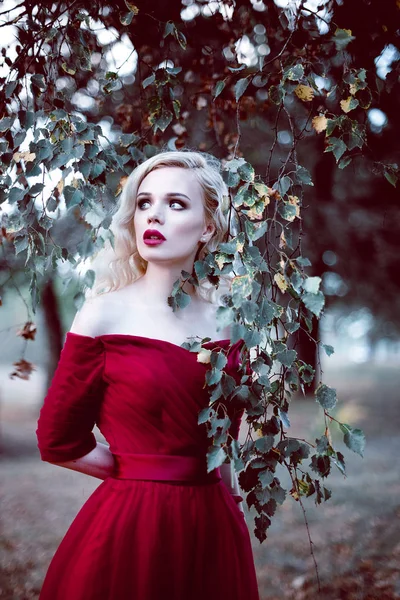 Moda linda jovem loira em belo vestido vermelho em uma floresta de conto de fadas. atmosfera mágica. Tonificação retocada tiro — Fotografia de Stock