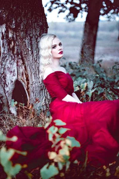 Moda linda jovem loira em belo vestido vermelho em uma floresta de conto de fadas. atmosfera mágica. Tonificação retocada tiro — Fotografia de Stock