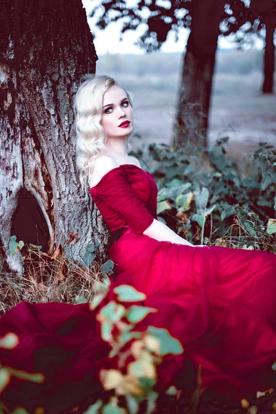 Mode underbara unga blonda kvinnan i vacker röd klänning i en sagolik skog. magiska atmosfär. Retuscheras toning skott — Stockfoto