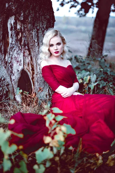 Moda hermosa mujer rubia joven en hermoso vestido rojo en un bosque de cuento de hadas. atmósfera mágica. Disparo de tonificación retocado — Foto de Stock
