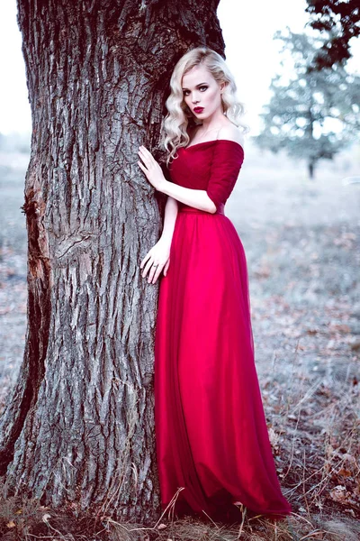 Mode prachtige jonge blonde vrouw in mooie rode jurk in een sprookjesachtige forest. magische sfeer. Geretoucheerd toning schot — Stockfoto