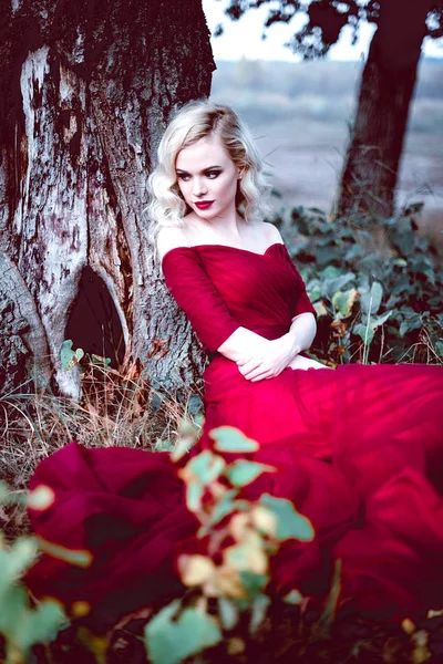 Moda linda jovem loira em belo vestido vermelho em uma floresta de conto de fadas. atmosfera mágica. Tonificação retocada tiro — Fotografia de Stock
