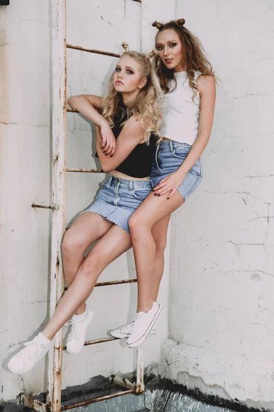 Style de vie et concept de personnes : Portrait de mode de deux filles élégantes meilleurs amis portant des jupes en jeans, à l'extérieur sur le toit. Bonne heure d'été pour s'amuser . — Photo