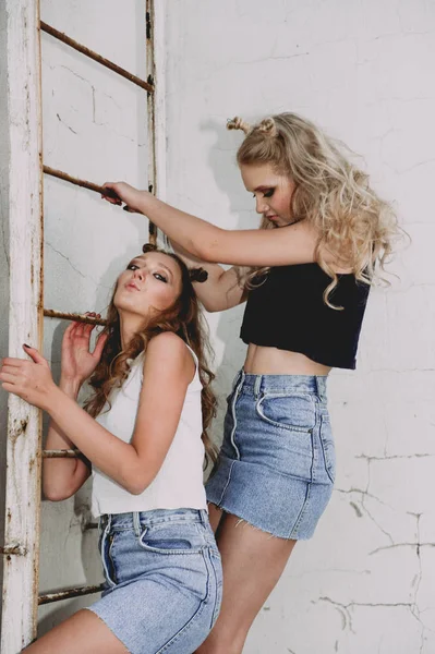 라이프 스타일과 사람 개념: 두 세련 된 소녀 가장 친한 친구의 지붕에 야외에서 청바지 스커트를 입고 패션 초상화. 재미에 대 한 행복 한 여름 시간. — 스톡 사진