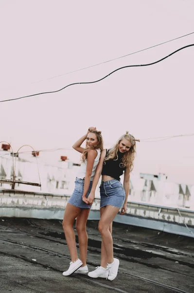 Yaşam tarzı ve insanlar kavramı: moda portre kot etek, açık havada çatıda giyen iki şık kızlar en iyi arkadaş. Eğlenmek için mutlu yaz saati. — Stok fotoğraf
