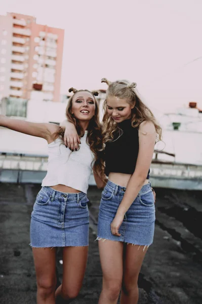 Estilo de vida y el concepto de la gente: Retrato de moda de dos chicas con estilo mejores amigos con faldas vaqueros, al aire libre en el techo. Feliz verano por diversión . —  Fotos de Stock