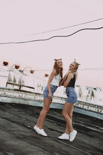 Style de vie et concept de personnes : Portrait de mode de deux filles élégantes meilleurs amis portant des jupes en jeans, à l'extérieur sur le toit. Bonne heure d'été pour s'amuser . — Photo