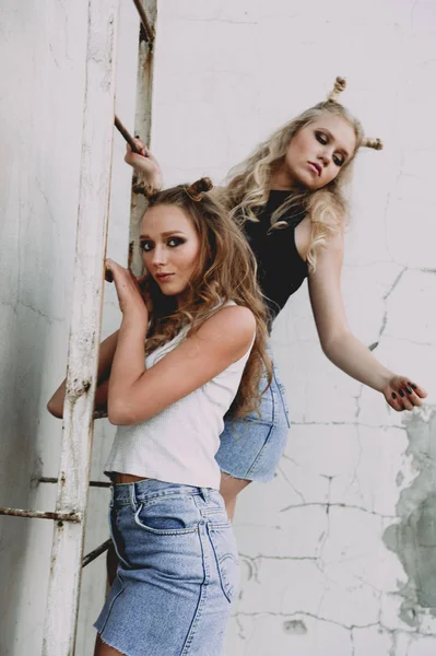 Style de vie et concept de personnes : Portrait de mode de deux filles élégantes meilleurs amis portant des jupes en jeans, à l'extérieur sur le toit. Bonne heure d'été pour s'amuser . — Photo