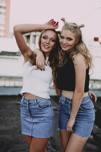 Estilo de vida e conceito de pessoas: Retrato de moda de duas meninas elegantes melhores amigos vestindo saias de jeans, ao ar livre no telhado. Tempo de verão feliz para se divertir . — Fotografia de Stock