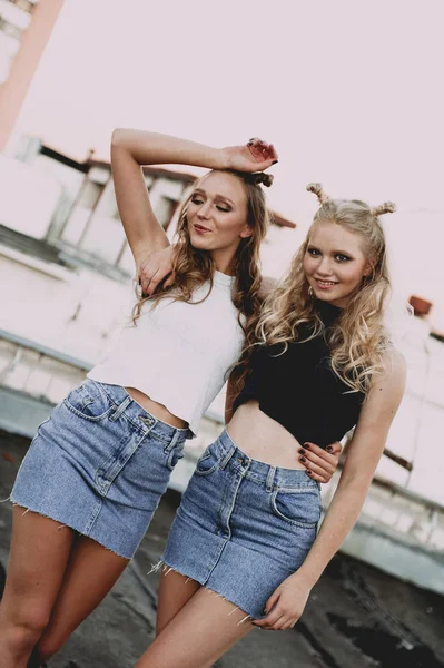Életmód és az emberek fogalma: két stílusos lány legjobb barátja viselt farmer szoknya, kint a tetőn divat-portré. Boldog nyári idő szórakoztató. — Stock Fotó