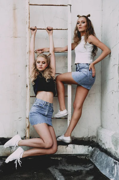 Стиль жизни и концепция людей: Модный портрет двух стильных девушек лучших друзей в джинсах юбки, на крыше. Счастливое летнее время для развлечений . — стоковое фото