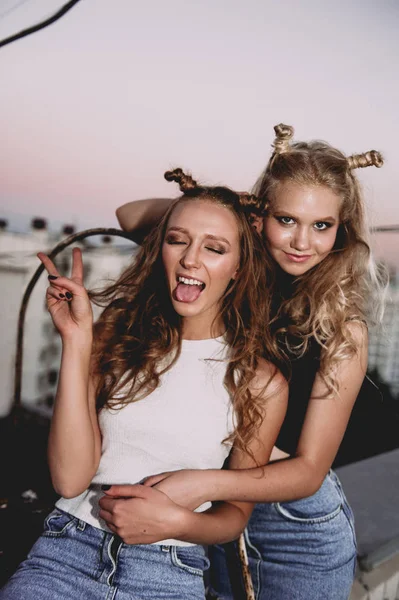 Lifestyle and people concept: Fashion portrait of two stylish girls best friends wearing jeans skirts, outdoors on the roof. Happy summer time for fun. — Stock Photo, Image