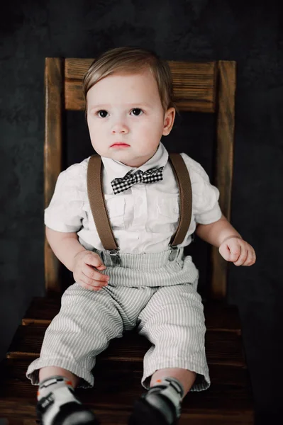 Two babies wedding - boy dressed as groom, little gentleman dressed in bow-tie — Stock Photo, Image