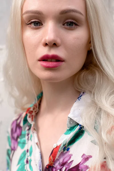 Young european blond woman outdoors portrait. Bright white colors. — Stock Photo, Image