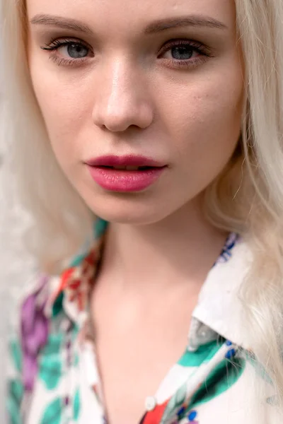 Young european blond woman outdoors portrait. Bright white colors. — Stock Photo, Image