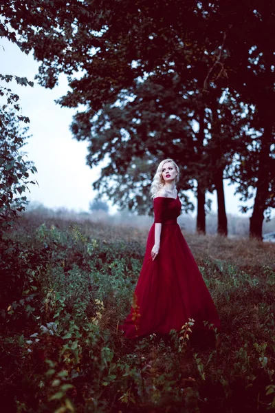 Moda linda jovem loira em belo vestido vermelho em uma floresta de conto de fadas. atmosfera mágica. tonificação tiro — Fotografia de Stock