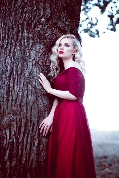 Mode hinreißende junge blonde Frau in schönen roten Kleid in einem Märchenwald. Magische Atmosphäre. Tonungsschuss — Stockfoto