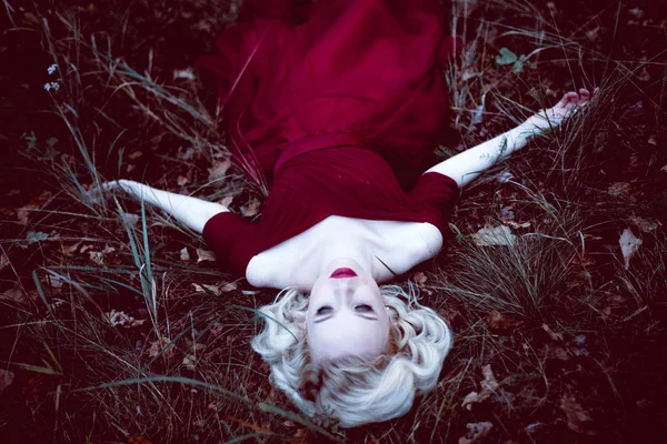 Moda hermosa mujer rubia joven en hermoso vestido rojo en un bosque de cuento de hadas. atmósfera mágica. tiro tonificante — Foto de Stock