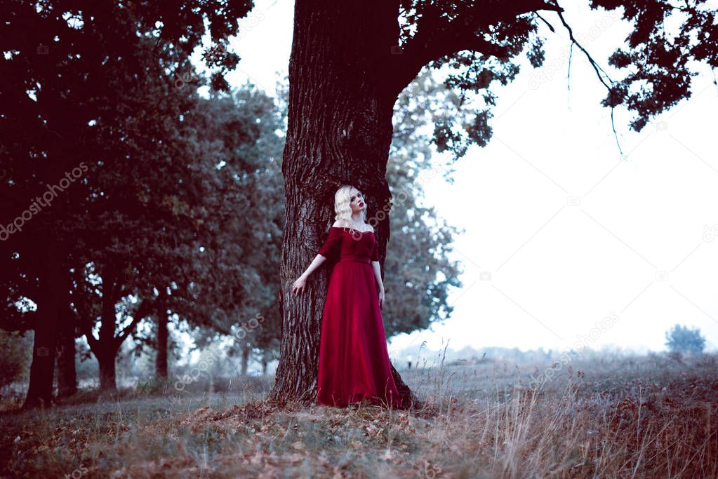 Fashion gorgeous young blonde woman in beautiful red dress in a fairy-tale forest. magic atmosphere. toning shot