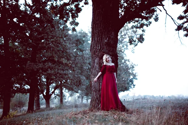 Moda linda jovem loira em belo vestido vermelho em uma floresta de conto de fadas. atmosfera mágica. tonificação tiro — Fotografia de Stock