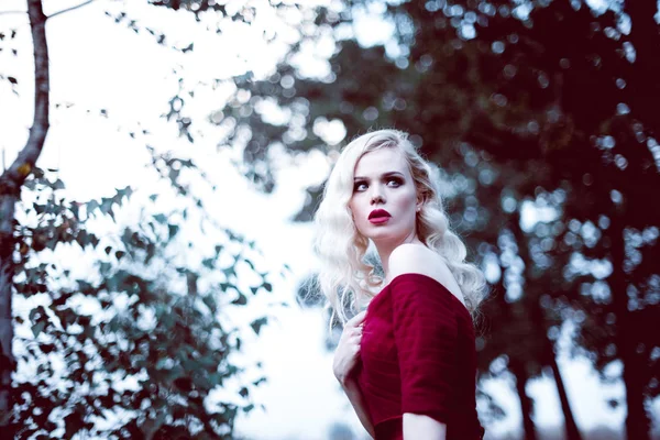 Mode hinreißende junge blonde Frau in schönen roten Kleid in einem Märchenwald. Magische Atmosphäre. Tonungsschuss — Stockfoto