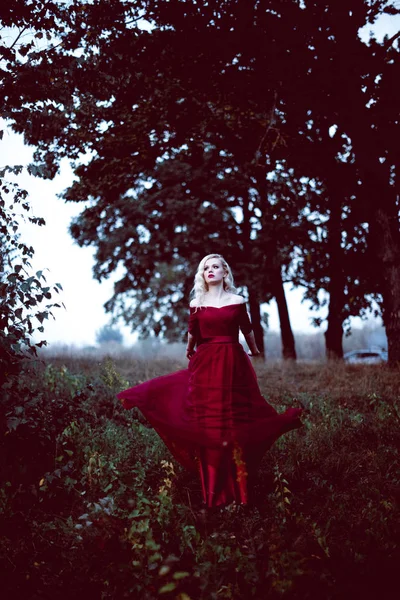 Moda linda jovem loira em belo vestido vermelho em uma floresta de conto de fadas. atmosfera mágica. tonificação tiro — Fotografia de Stock