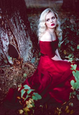 Moda güzel sarışın genç kadın bir masal ormandaki güzel Kırmızı elbiseli. sihirli bir atmosfer. atış tonlama