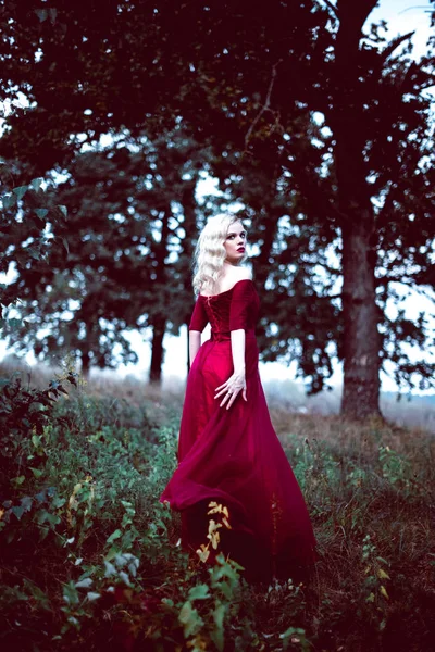 时尚华丽年轻的金发女郎在漂亮的红色裙子，在一个童话般的森林。魔幻的气氛。调色射击 — 图库照片