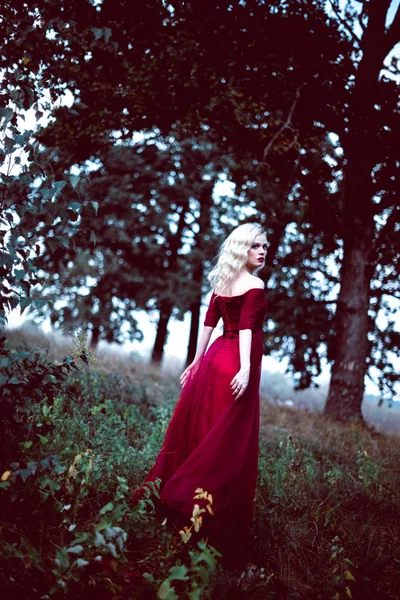 Mode prachtige jonge blonde vrouw in mooie rode jurk in een sprookjesachtige forest. magische sfeer. toning schot — Stockfoto
