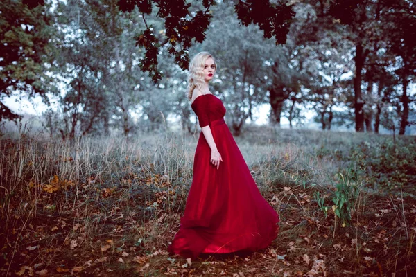 Moda linda jovem loira em belo vestido vermelho em uma floresta de conto de fadas. atmosfera mágica. tonificação tiro — Fotografia de Stock