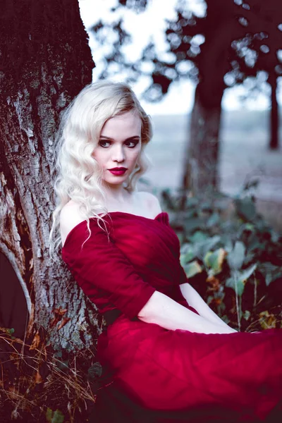 Μόδα πανέμορφη νεαρή ξανθιά γυναίκα στο όμορφο κόκκινο φόρεμα σε ένα παραμυθένιο δάσος. μαγική ατμόσφαιρα. τόνωση βολή — Φωτογραφία Αρχείου